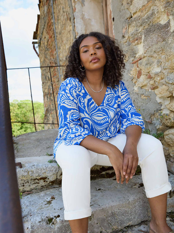 Blue Paisley Print Puff Sleeve Blouse