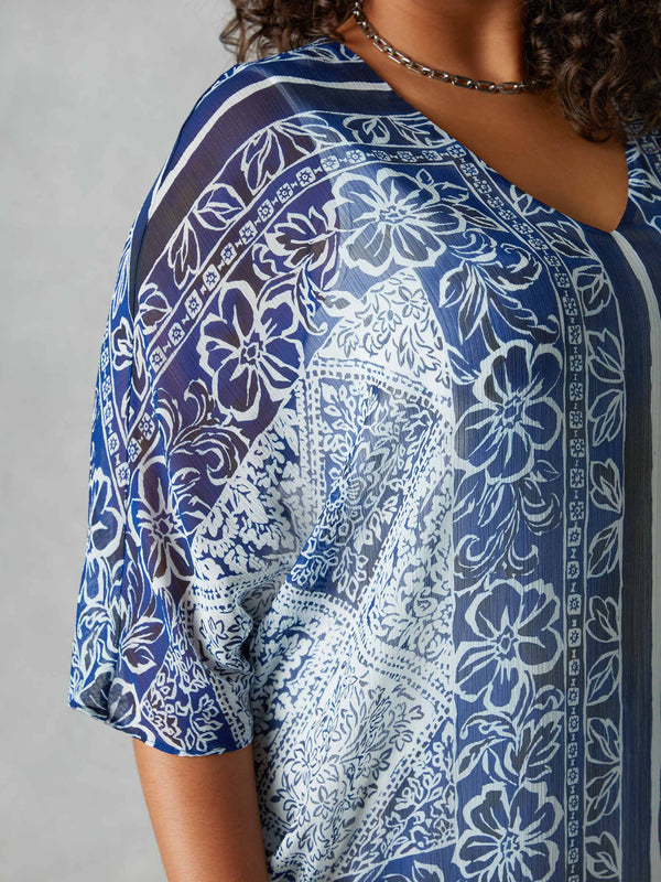 Blue Tile Print Batwing Top