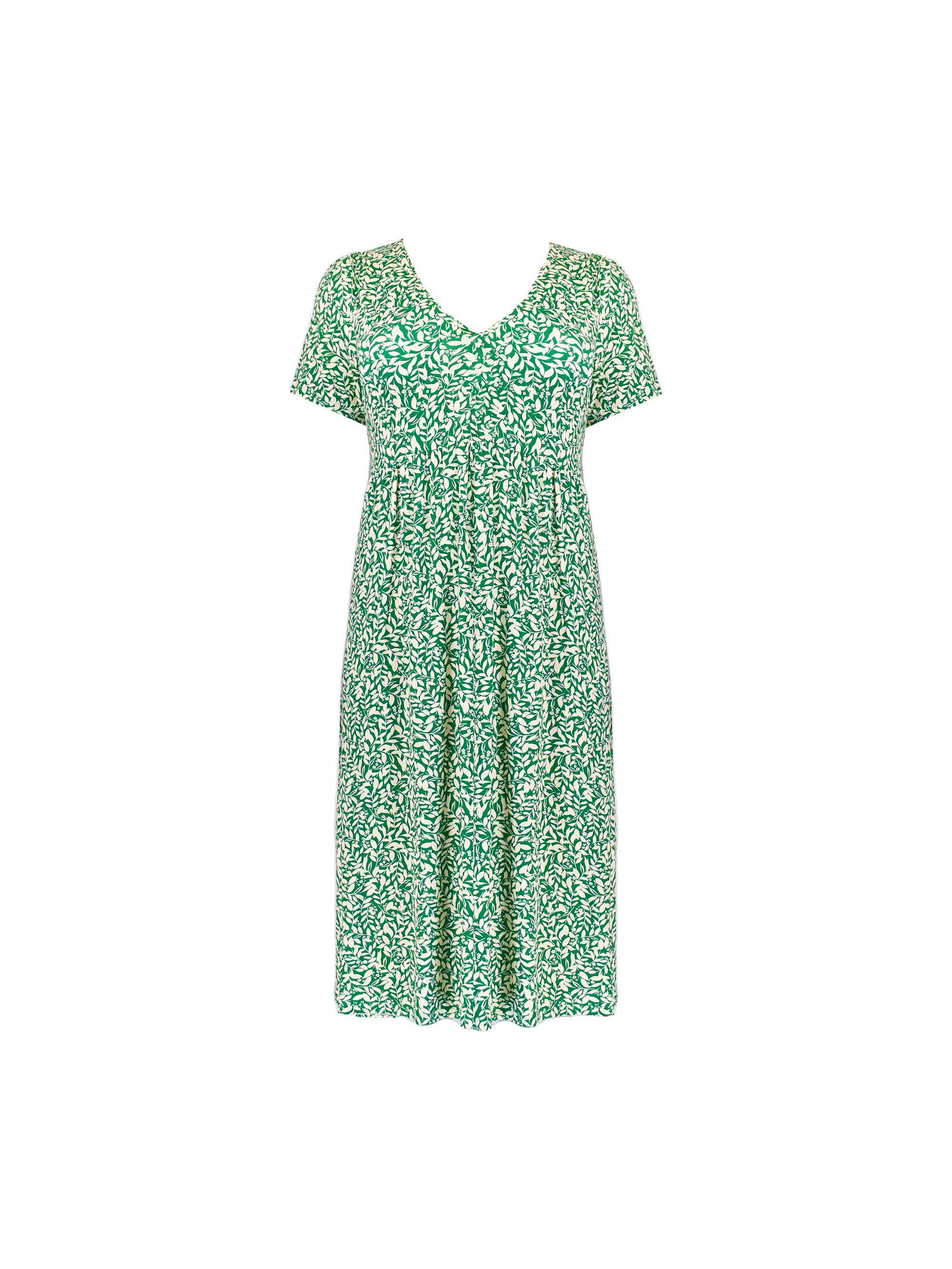 Green Leaf Print Empire Line Midi Dress
