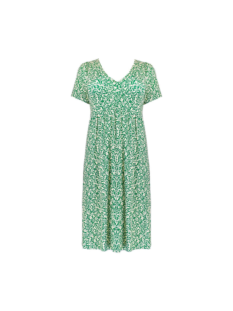Green Leaf Print Empire Line Midi Dress