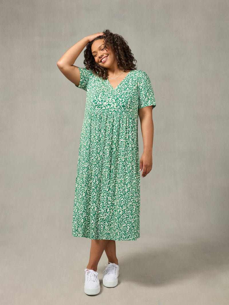 Green Leaf Print Empire Line Midi Dress