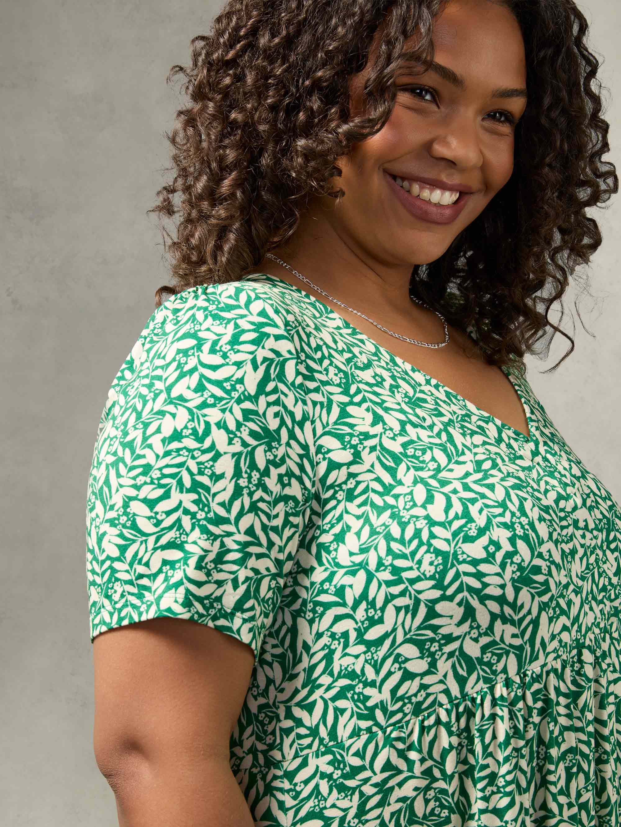 Green Leaf Print Empire Line Midi Dress