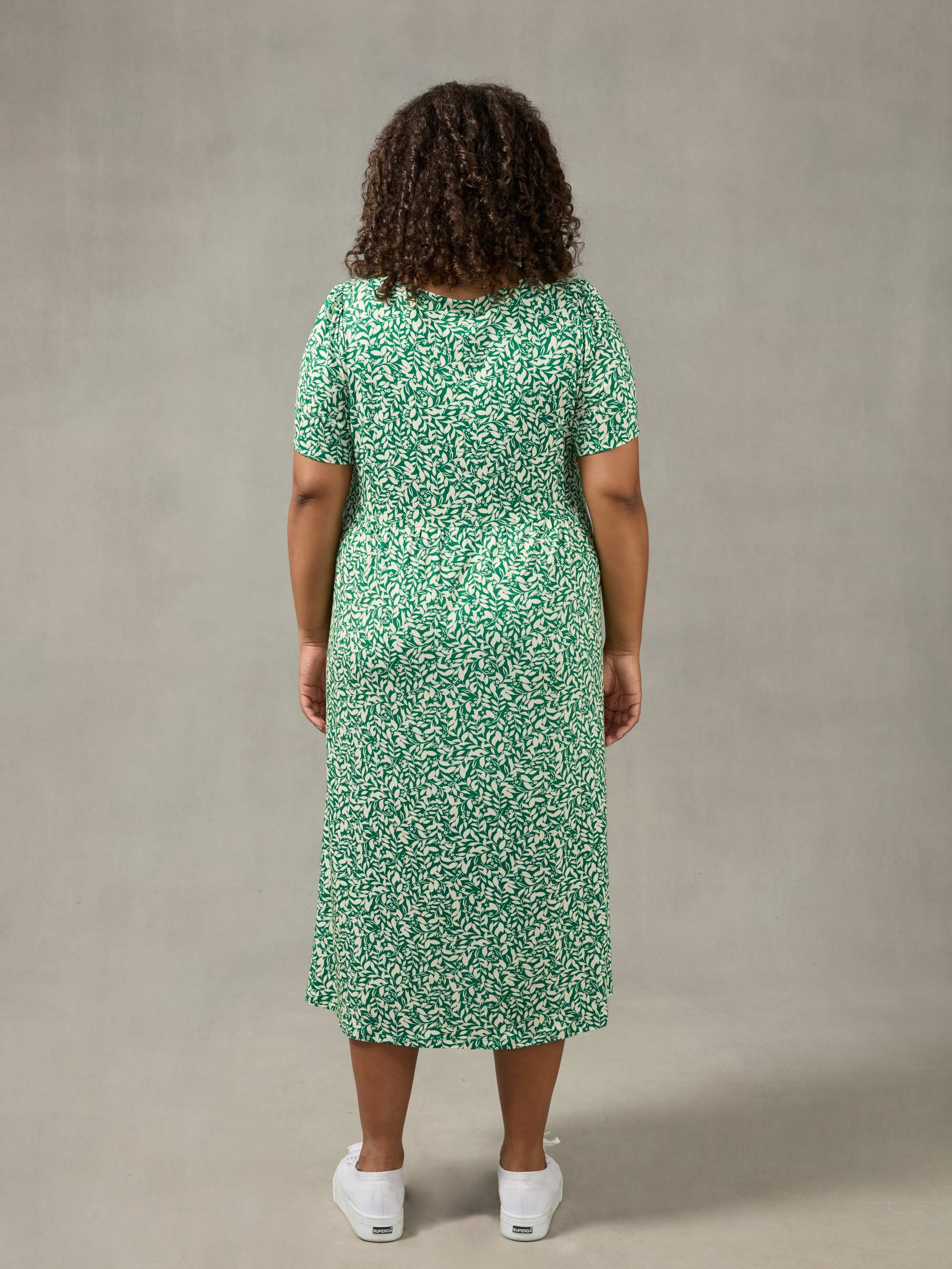 Green Leaf Print Empire Line Midi Dress