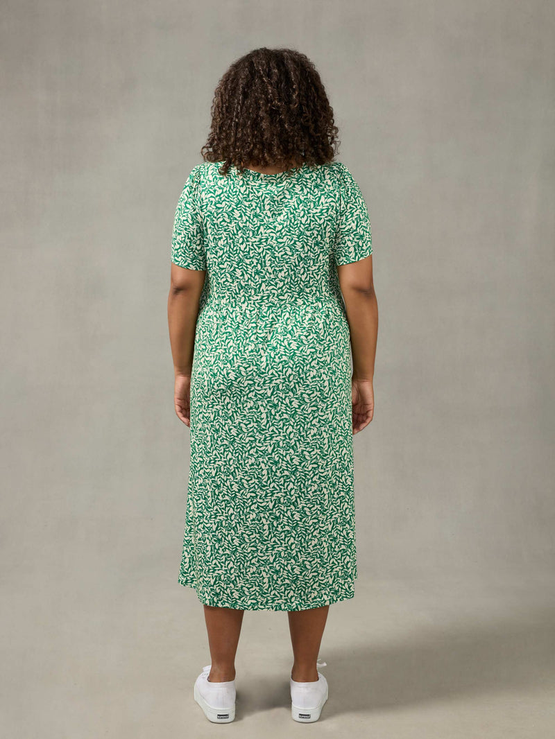 Green Leaf Print Empire Line Midi Dress