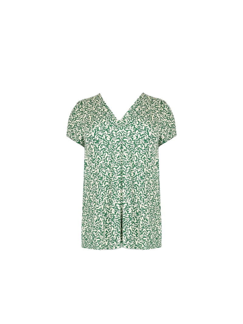 Green Leaf Print Pleat Front Top