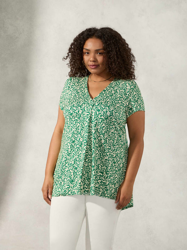 Green Leaf Print Pleat Front Top