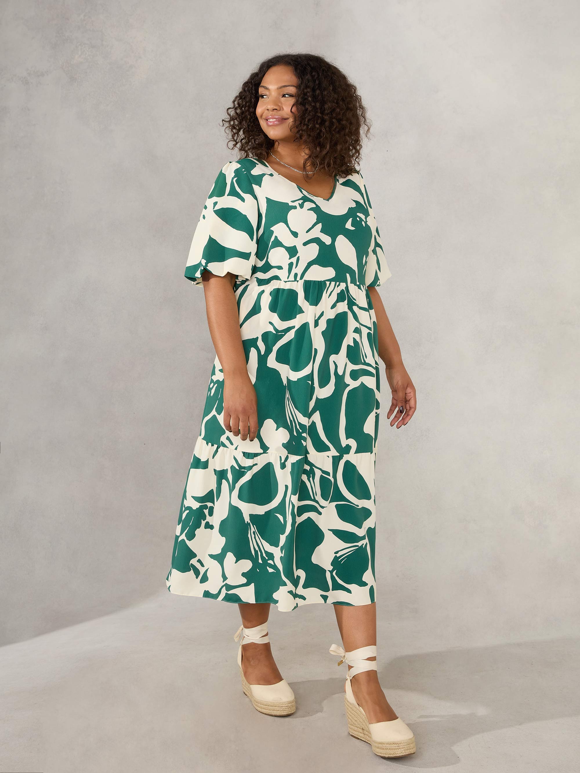 Green Floral Tiered Midi Dress