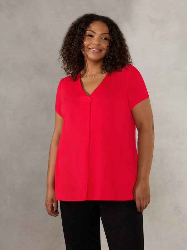 Red Pleat Front V-Neck Top