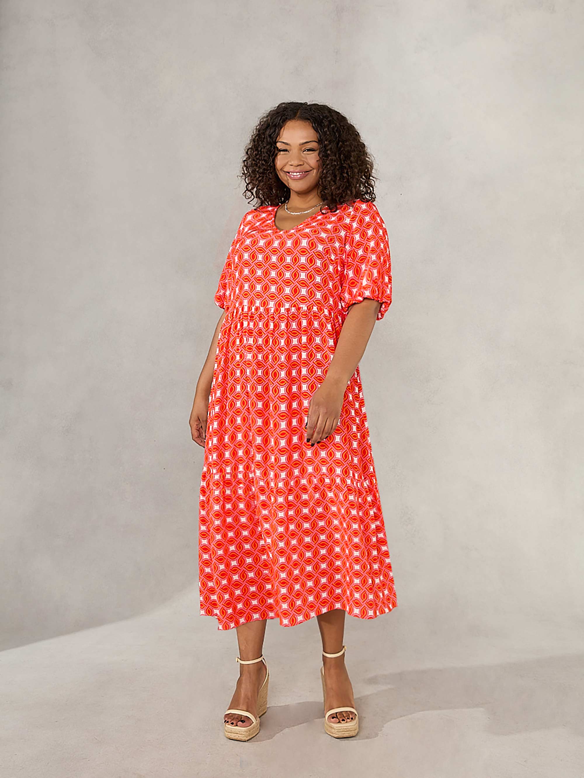 Red Geo Print Tiered Midaxi Dress