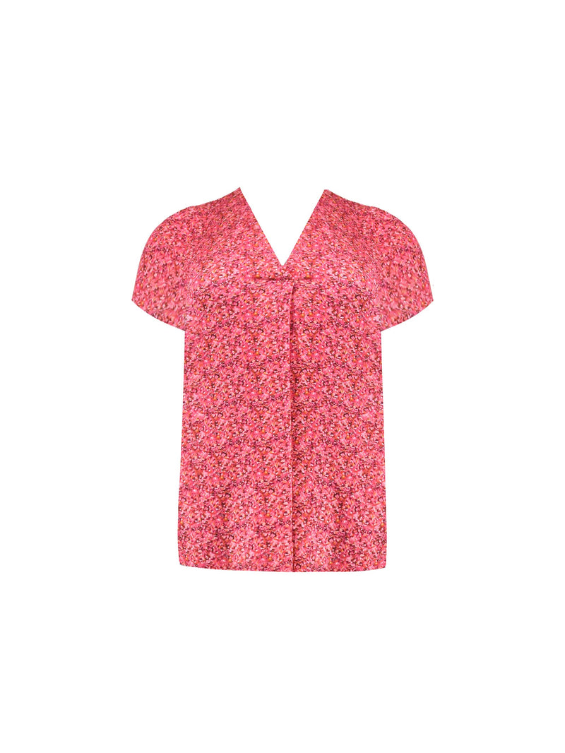 Pink Ditsy Print Pleat Front Top