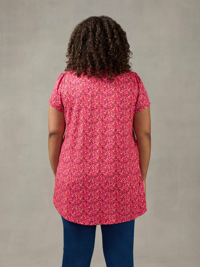 Pink Ditsy Print Pleat Front Top
