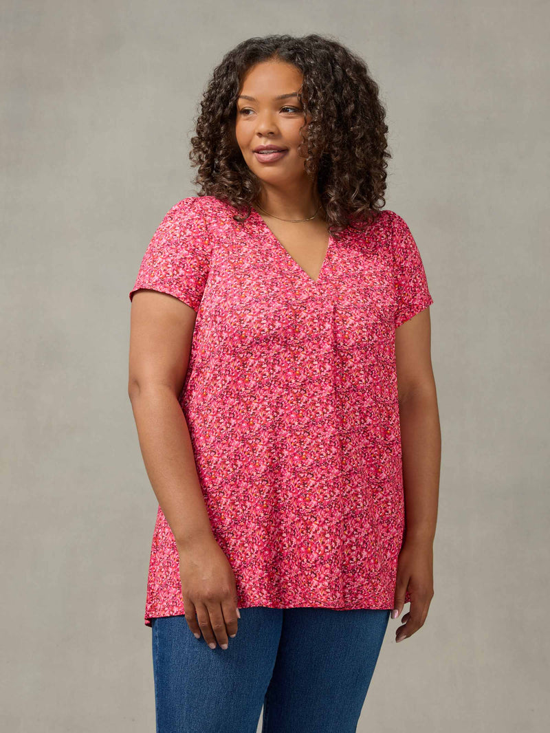 Pink Ditsy Print Pleat Front Top