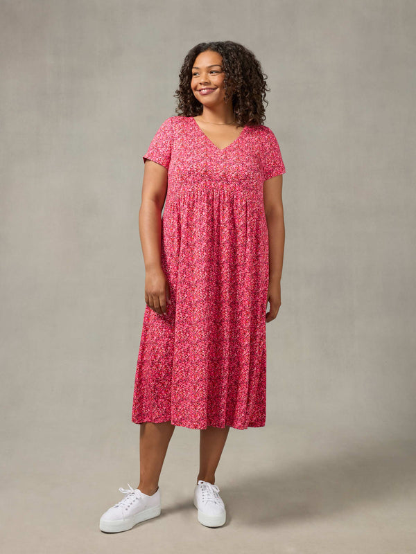 Pink Ditsy Print Empire Line Midi Dress