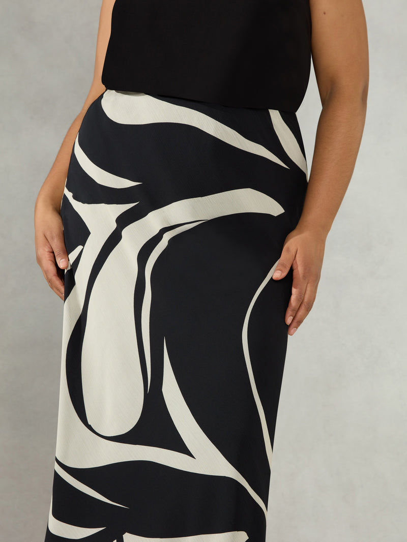 Mono Swirl Print Chiffon Bias Cut Skirt