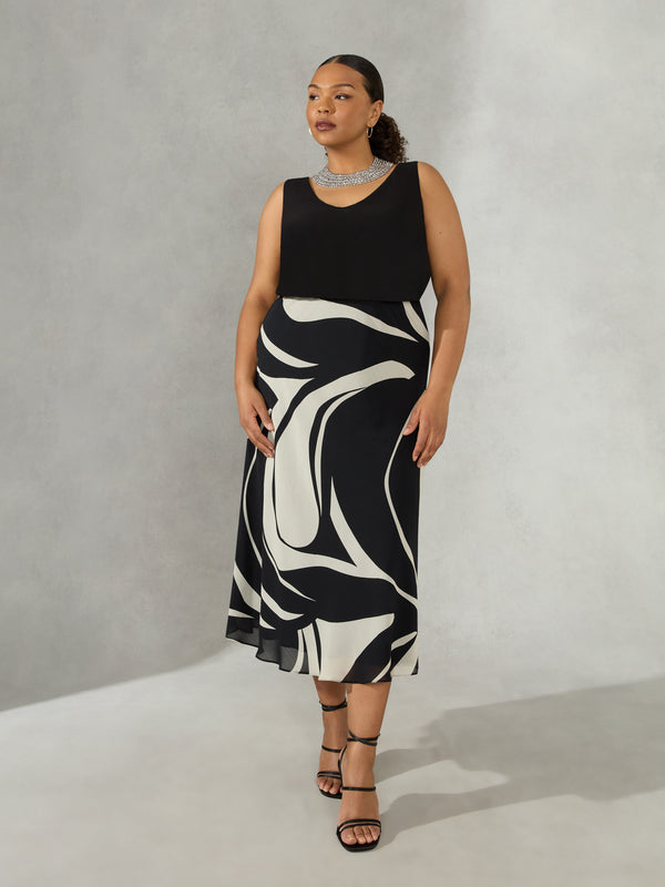 Mono Swirl Print Chiffon Bias Cut Skirt