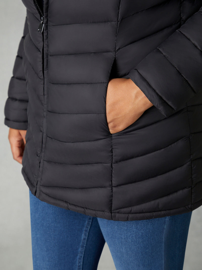 Black Chevron Packable Puffer Coat