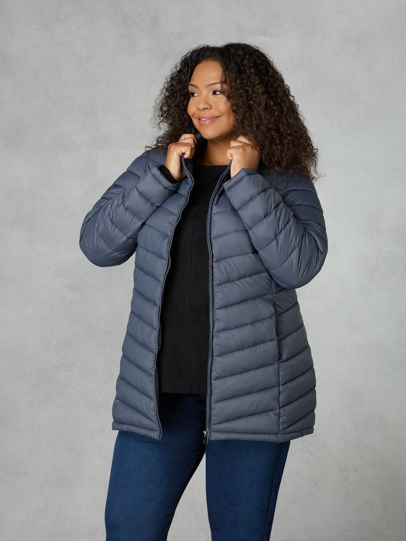 Grey Chevron Packable Puffer Coat