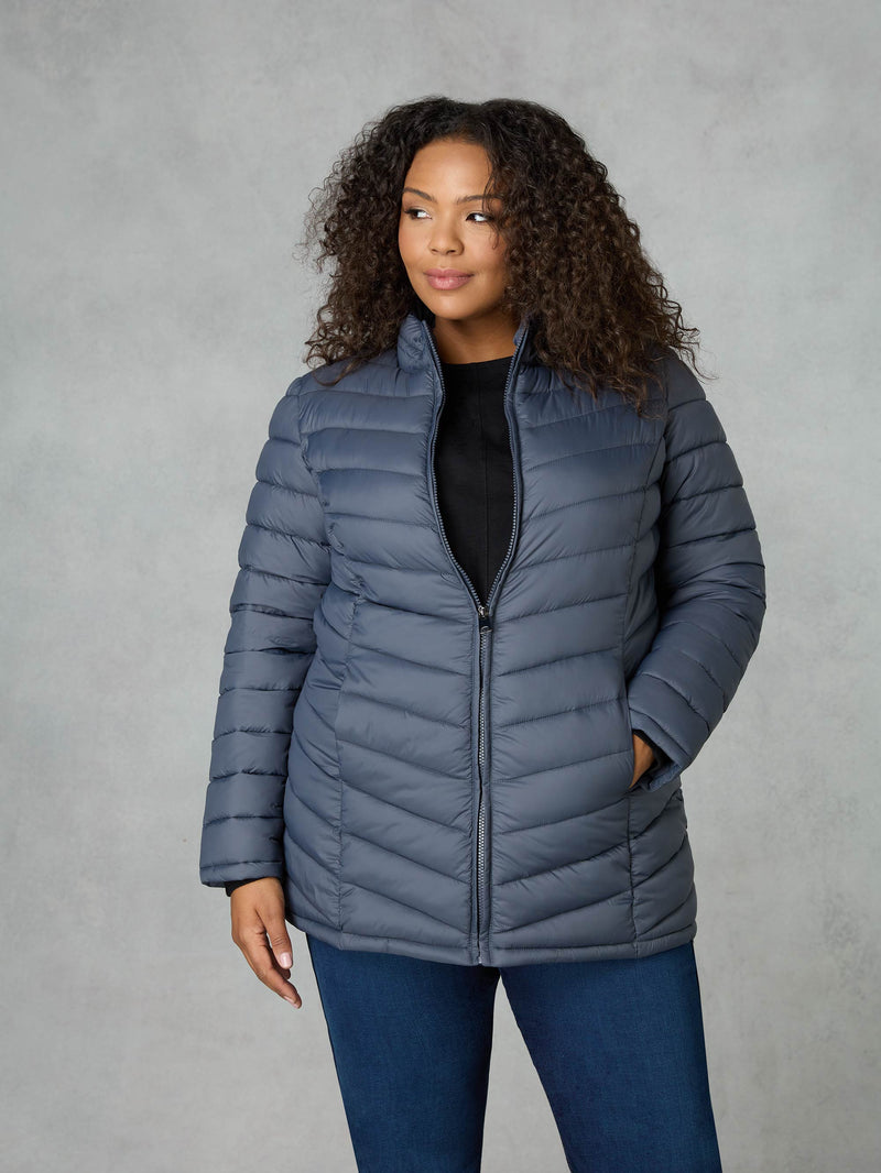 Grey Chevron Packable Puffer Coat
