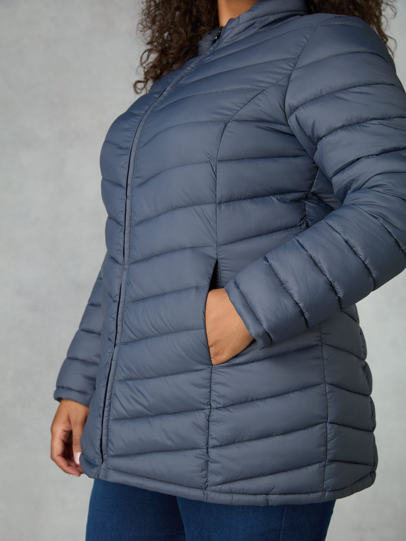 Grey Chevron Packable Puffer Coat