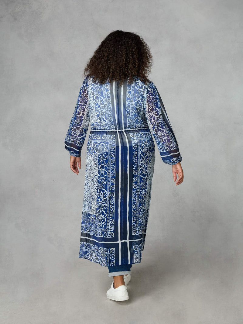 Blue Tile Placement Print Drawstring Longline Kimono