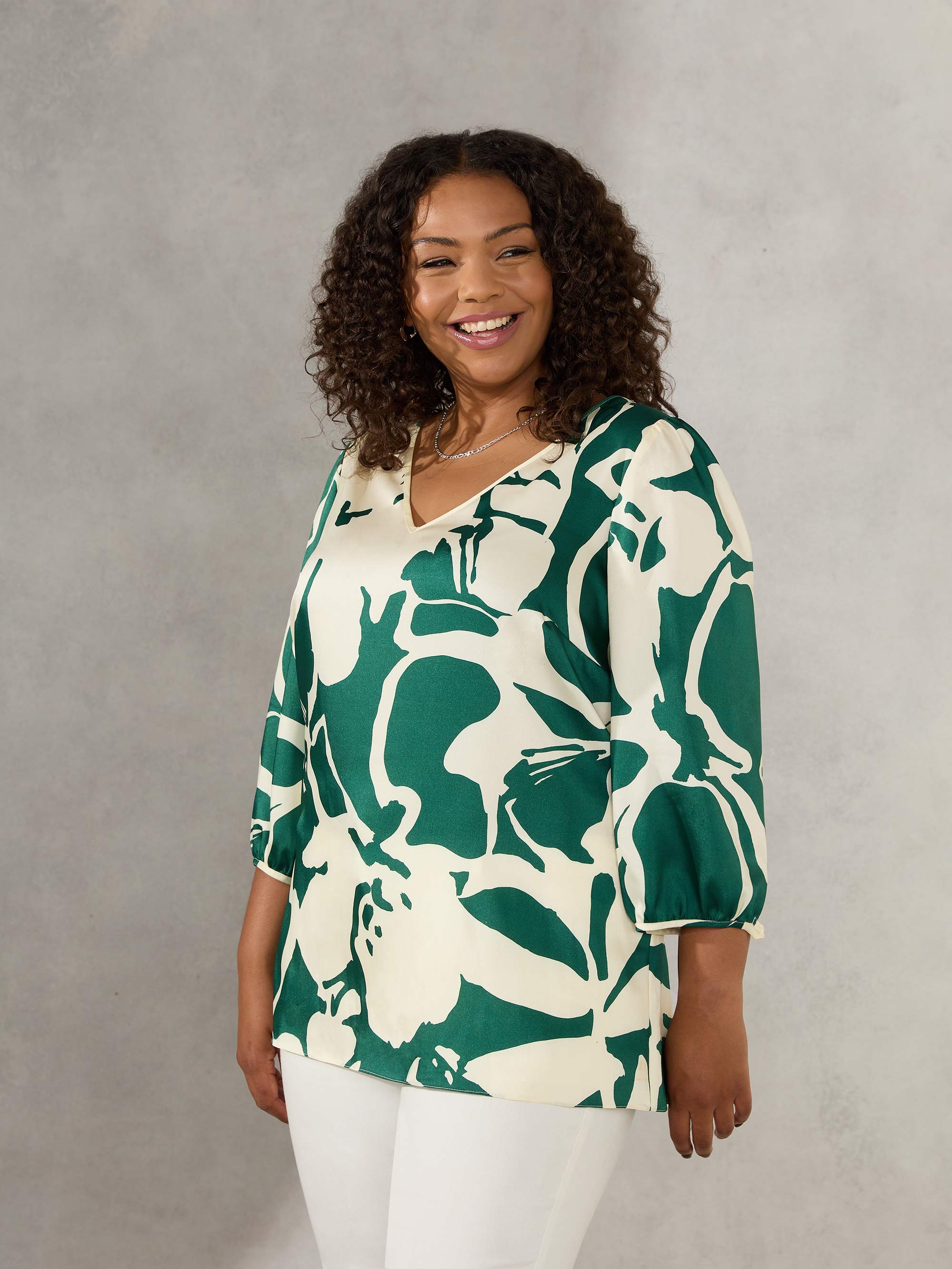 Green Floral Puff Sleeve Blouse