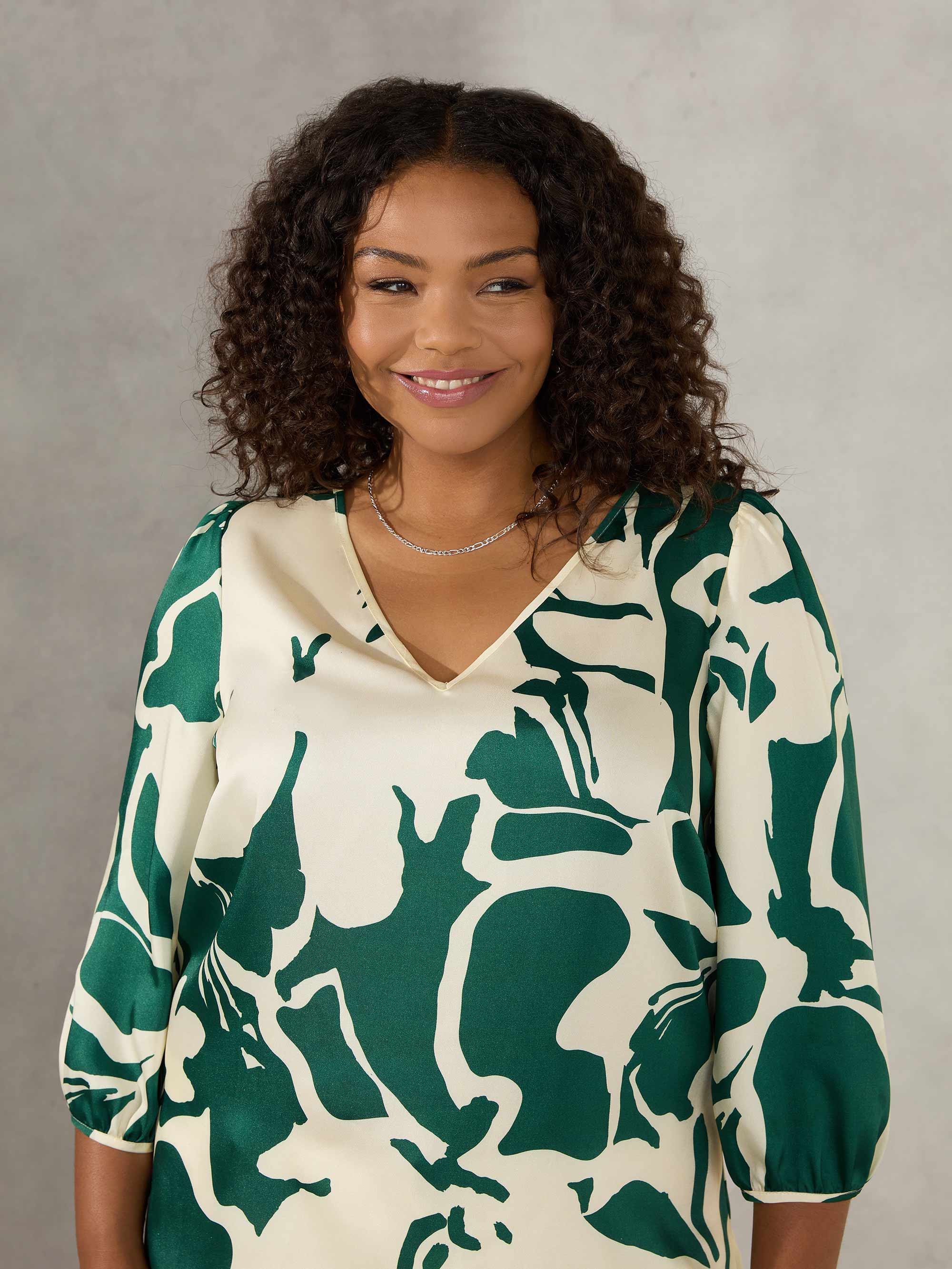 Green Floral Puff Sleeve Blouse