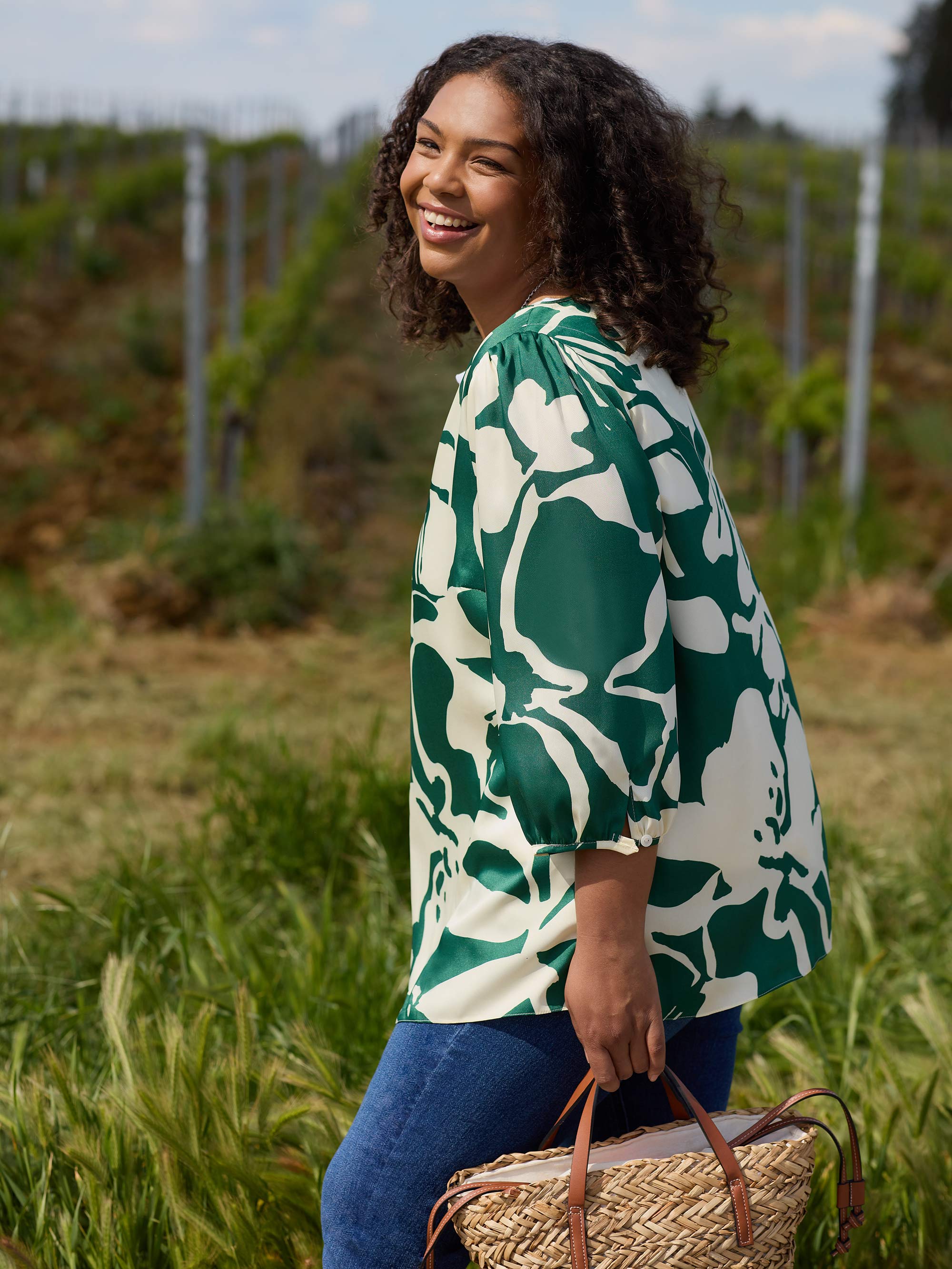 Green Floral Puff Sleeve Blouse