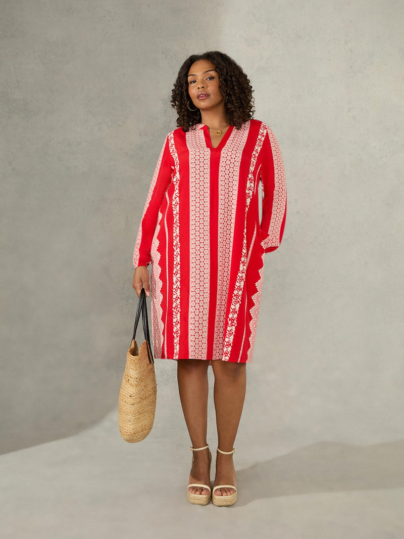 Red & Ivory Batik Stripe Print Dress