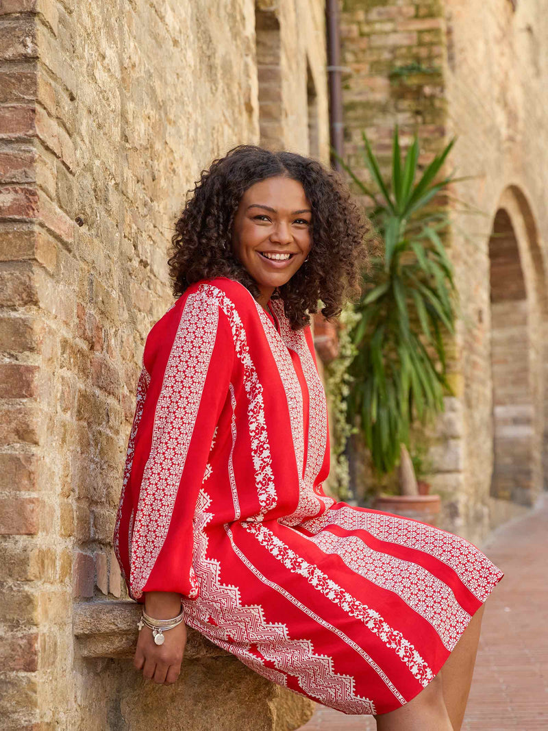 Red & Ivory Batik Stripe Print Dress