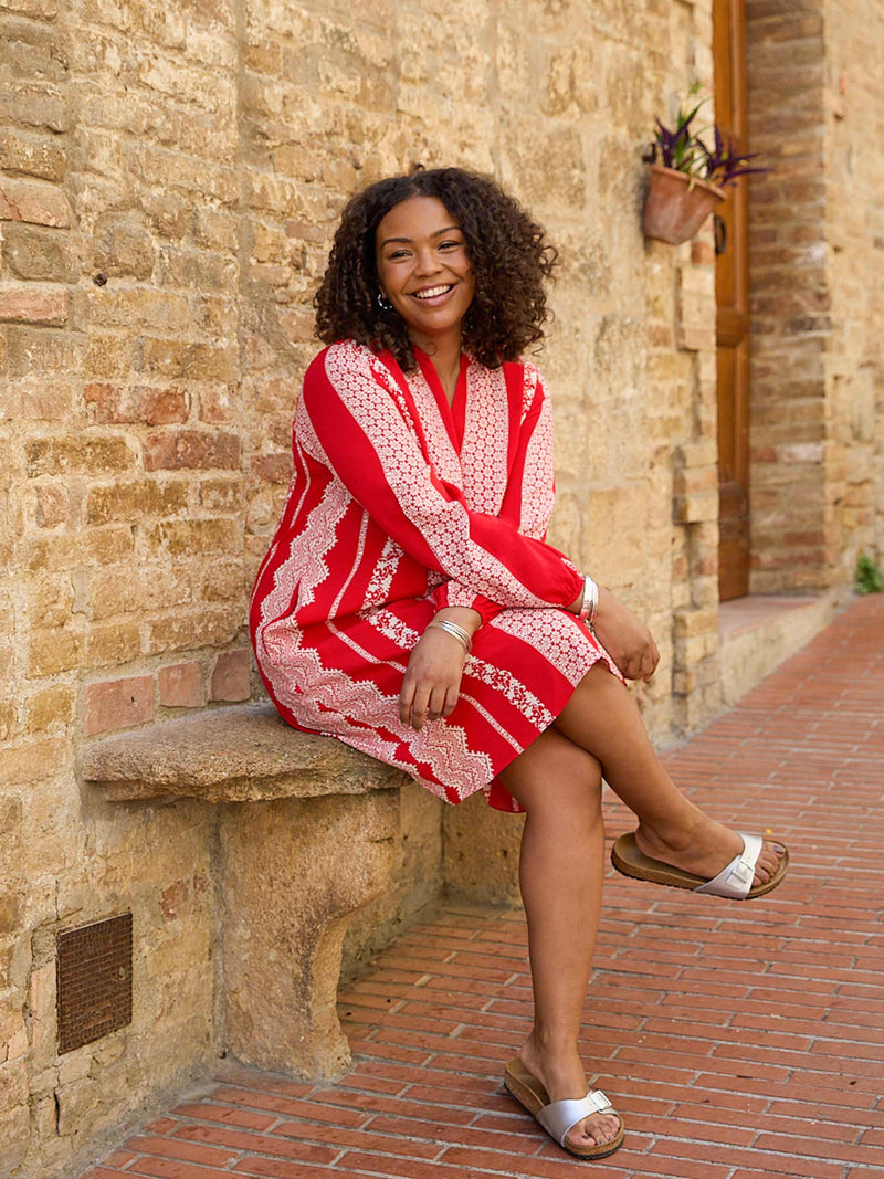 Red & Ivory Batik Stripe Print Dress