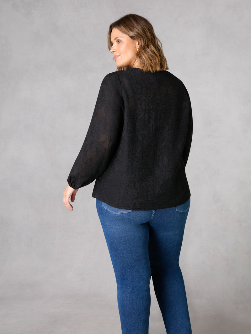 Black Textured Floral Boho Blouse