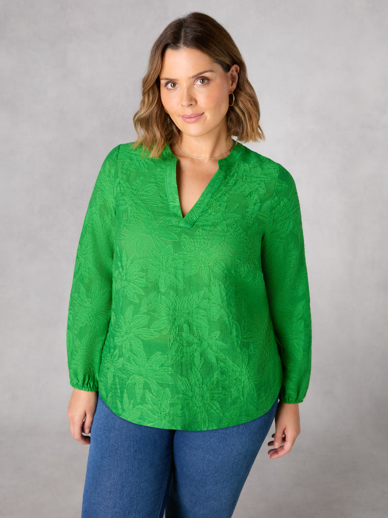 Green Textured Floral Boho Blouse
