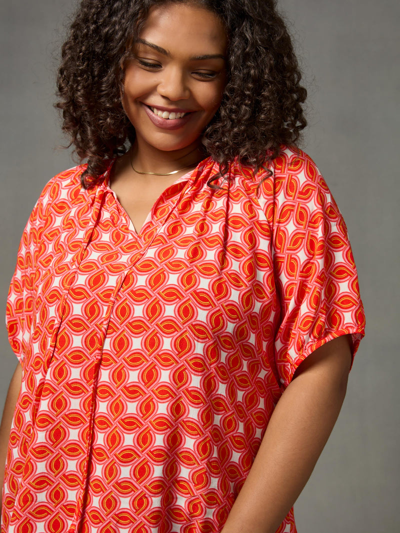 Red Geo Print Tie Front Blouse