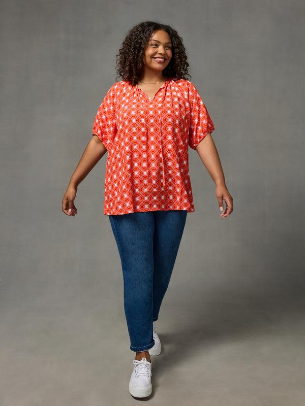 Red Geo Print Tie Front Blouse