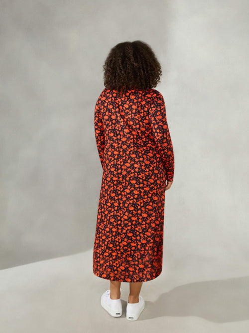 Red Ditsy Jersey V-Neck Swing Midi Dress