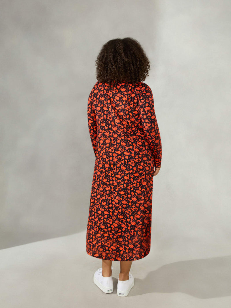 Red Ditsy Jersey V-Neck Swing Midi Dress