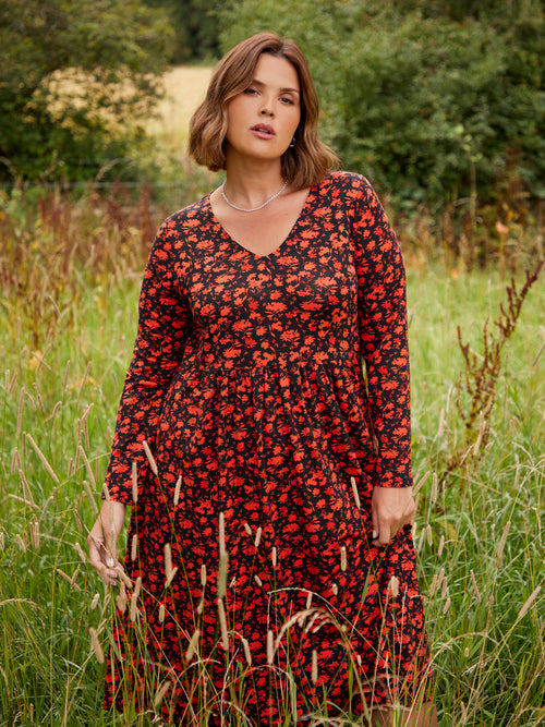 Red Ditsy Jersey V-Neck Swing Midi Dress