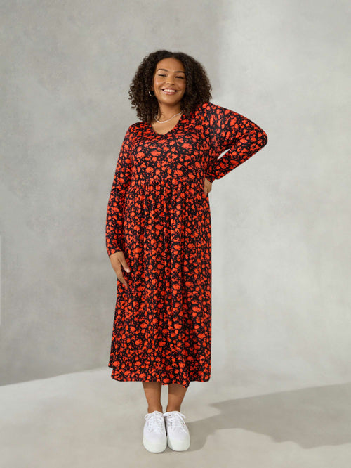 Red Ditsy Jersey V-Neck Swing Midi Dress