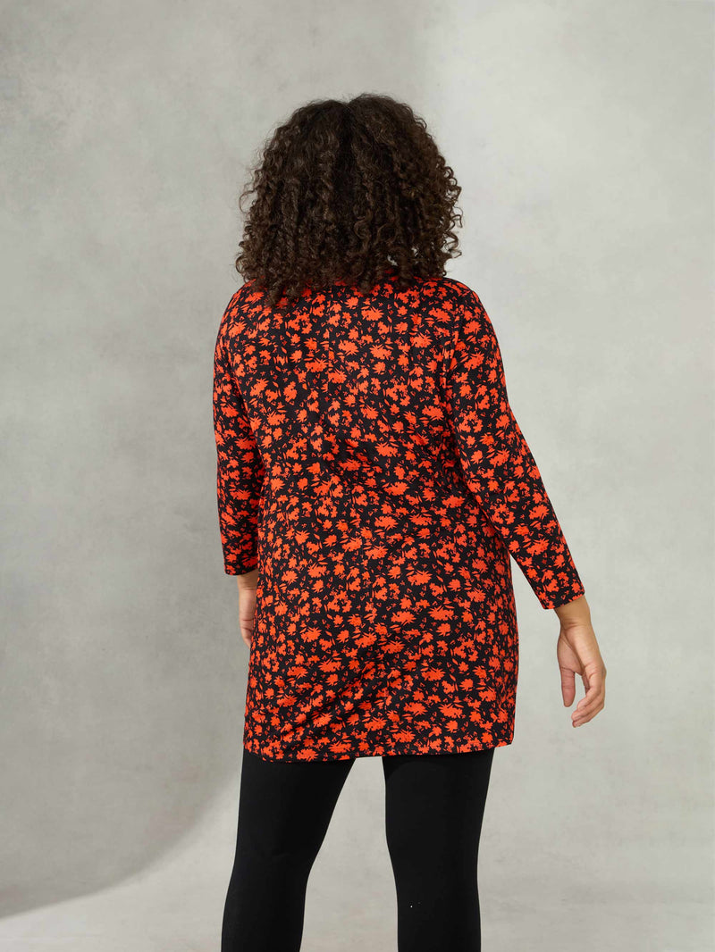 Red Ditsy Jersey Pleat Front Tunic