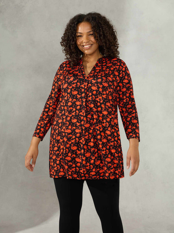 Red Ditsy Jersey Pleat Front Tunic