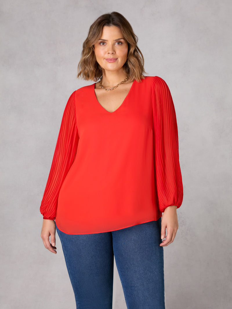 Red Pleated Sleeve Blouse