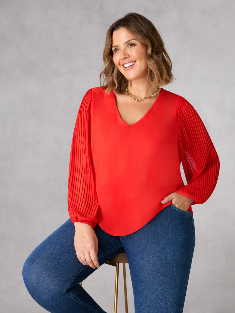 Red Pleated Sleeve Blouse