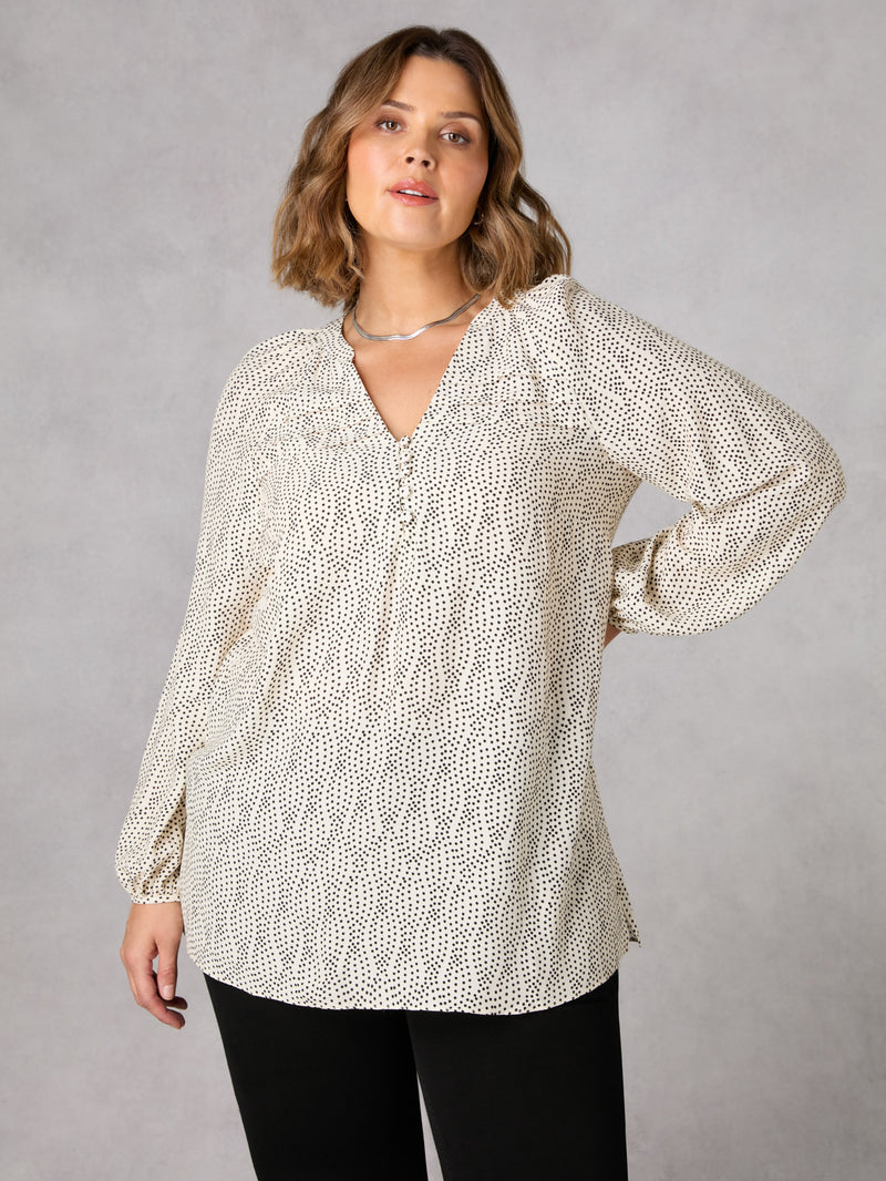 Mono Spot Pleated Yoke Boho Blouse