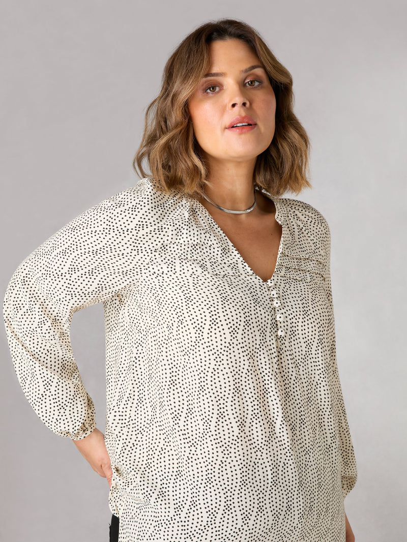 Mono Spot Pleated Yoke Boho Blouse