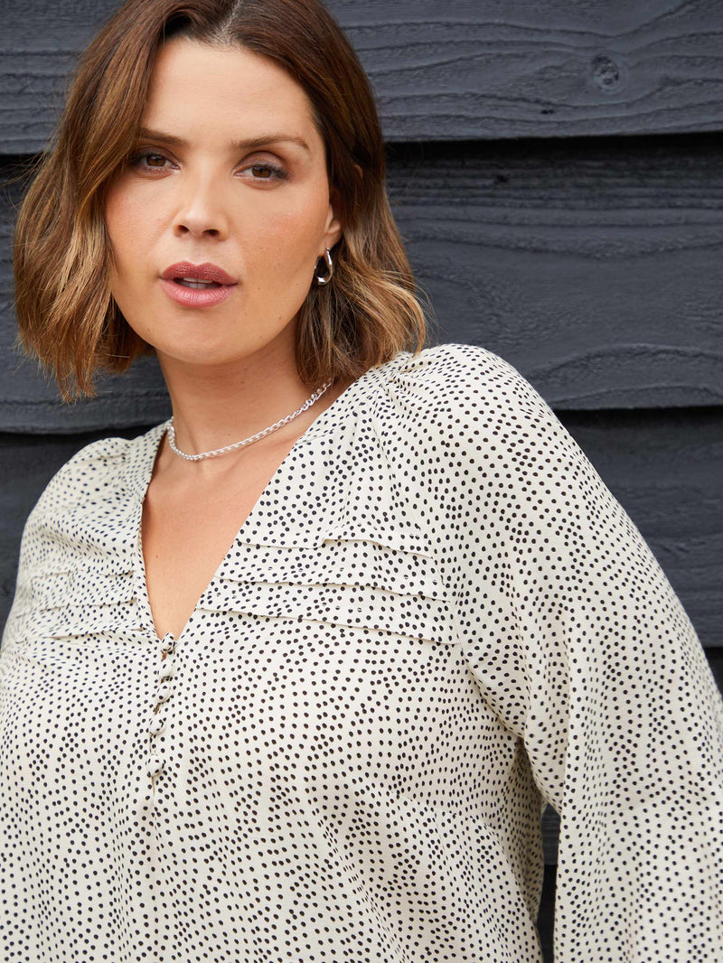 Mono Spot Pleated Yoke Boho Blouse