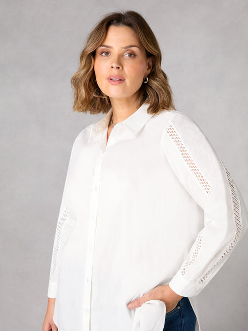 White Crochet Trim Longline Cotton Shirt