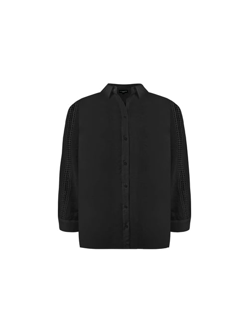 Black Crochet Trim Longline Cotton Shirt