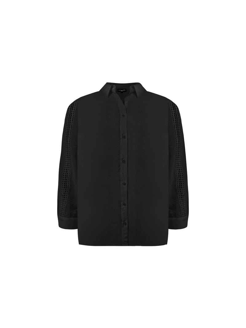 Black Crochet Trim Longline Cotton Shirt