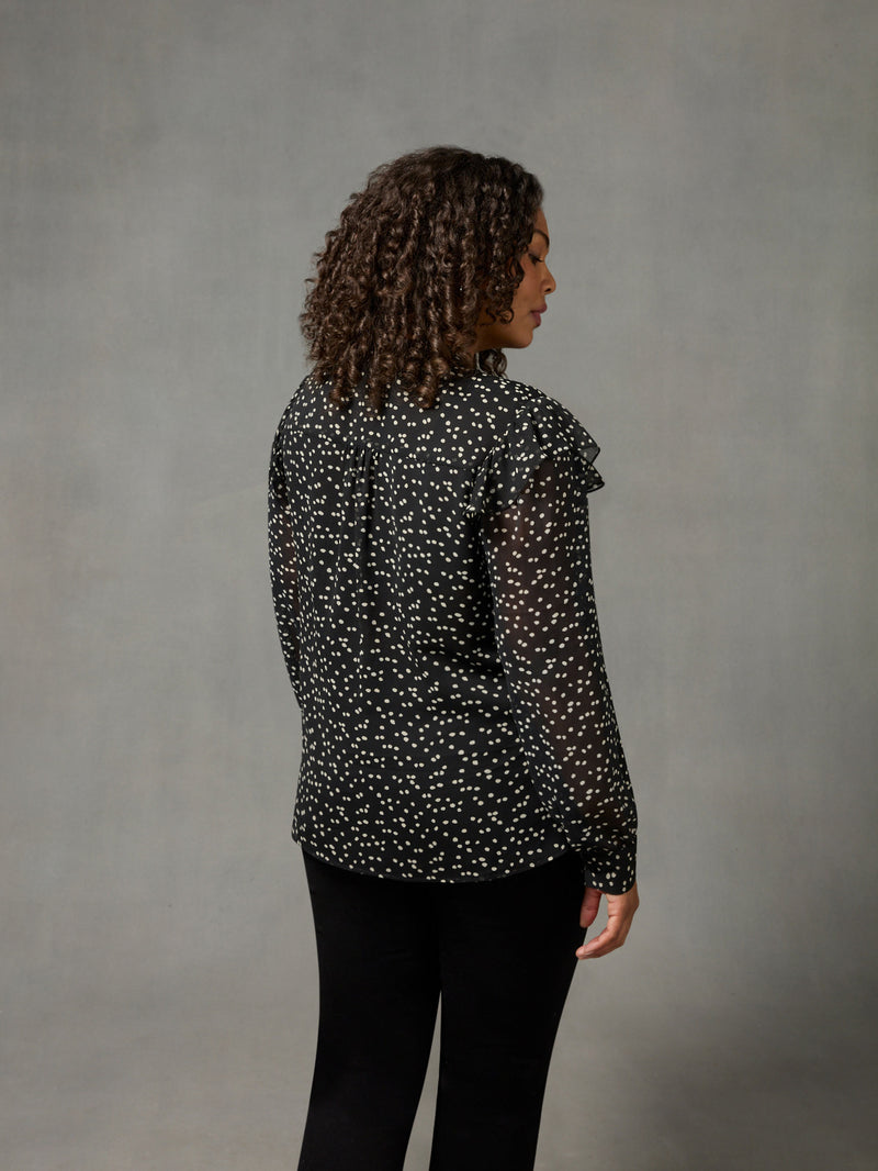 Black & White Spot Ruffle Shoulder Blouse