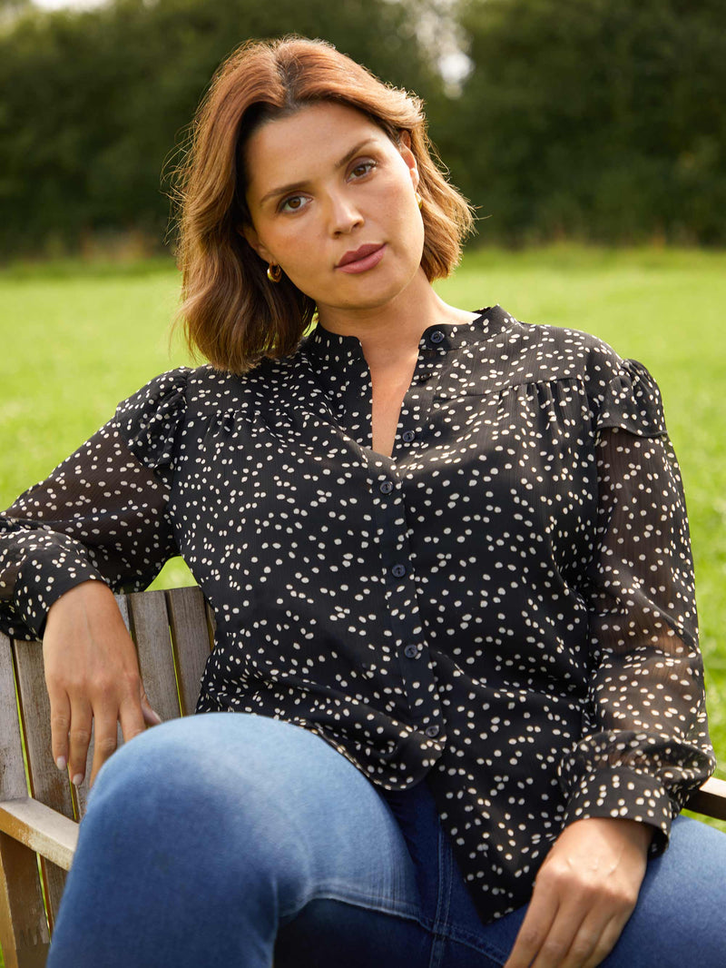Black & White Spot Ruffle Shoulder Blouse
